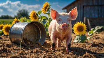 un alegre cerdito soportes en un soleado campo rodeado por girasoles y un volcado balde. foto