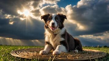 A happy dog resting on a mat under a dramatic sky with sunlight breaking through clouds. photo