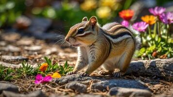 A chipmunk forages among colorful flowers in a vibrant garden setting. photo
