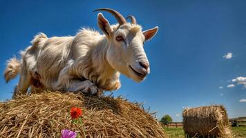 A playful goat perched on a haystack, surrounded by a sunny landscape and flowers. photo
