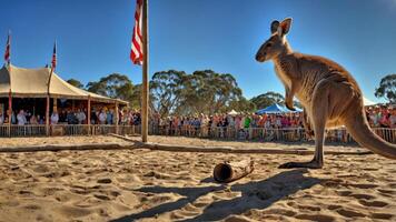 A kangaroo in a sandy arena with a crowd watching, likely at a wildlife show. photo