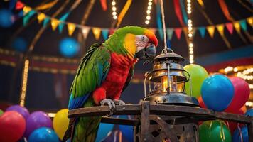 A colorful parrot perched by a lantern in a festive setting with balloons and decorations. photo