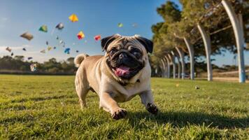 A playful pug running in a park with colorful kites in the background. photo