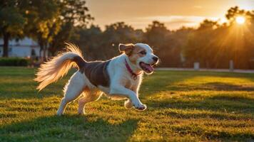 A joyful dog running in a park during sunset, capturing a moment of playfulness. photo