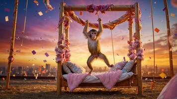 A playful monkey dances on a decorated bed at sunset, creating a whimsical atmosphere. photo