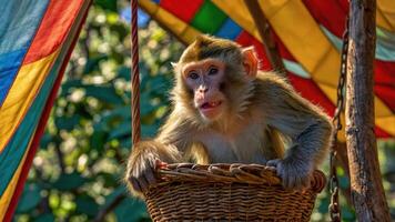 A monkey sitting in a woven basket under colorful fabric, surrounded by greenery. photo