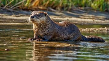 A close-up of an otter resting on the riverbank, showcasing its sleek fur and playful demeanor. photo
