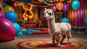 A playful alpaca stands in a colorful circus setting with balloons and lights. photo