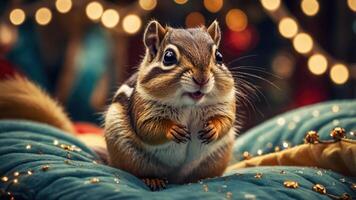 A cute chipmunk sitting on a plush surface with festive lights in the background. photo