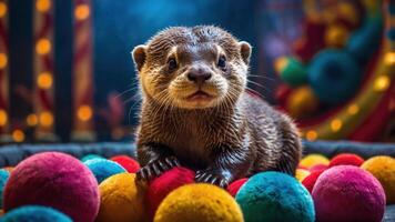 An otter sits amidst colorful balls, evoking a playful and whimsical atmosphere. photo