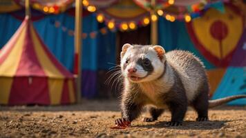 A ferret exploring a colorful circus setting with tents and festive lights in the background. photo