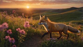 A fox walks through a field of flowers at sunset, showcasing nature's beauty. photo