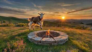 A goat leaps joyfully near a stone fire pit at sunset in a scenic landscape. photo