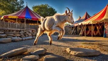 A goat leaps joyfully in front of colorful circus tents. photo