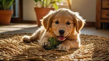 A playful golden retriever puppy lying on a straw mat with a happy expression. photo
