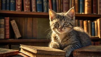 A playful kitten rests on old books in a cozy library setting. photo