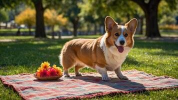 A playful corgi stands on a blanket in a park, surrounded by flowers in a bowl. photo