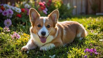A cheerful corgi lounging among colorful flowers in a sunny garden. photo