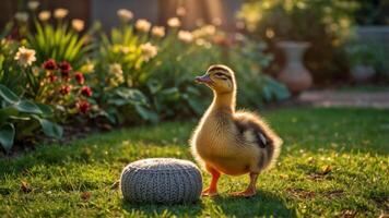 A duckling stands beside a knitted object in a sunlit garden, surrounded by flowers. photo