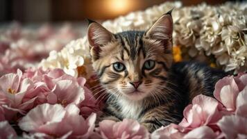 A cute kitten resting among pink flowers, creating a serene and charming atmosphere. photo