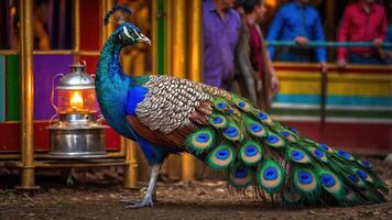 A vibrant peacock stands near a lantern in a colorful setting. photo