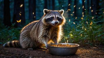 A raccoon enjoying food in a forest, surrounded by glowing insects at dusk. photo