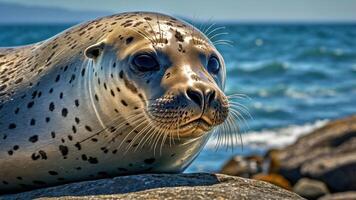 un de cerca de un manchado sello descansando en un rock por el océano. foto