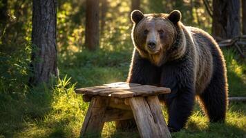 A bear approaches a wooden table in a sunlit forest setting. photo