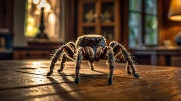 A close-up of a spider on a wooden table in a cozy indoor setting. photo