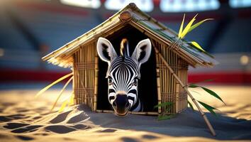 A zebra peeks out from a bamboo hut in a sandy environment. photo