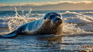 A seal emerges from the ocean waves, glistening in the sunlight on a sandy beach. photo