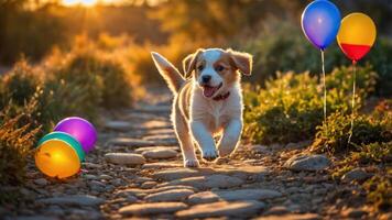 A playful puppy runs along a path, surrounded by colorful balloons in a sunny outdoor setting. photo