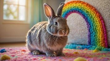 A cute rabbit sitting on a colorful rug with a rainbow backdrop. photo