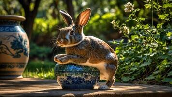A rabbit perched on a decorative bowl in a lush garden setting. photo