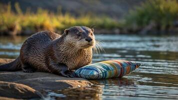 An otter resting on a colorful pillow by a serene water body. photo