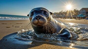 A playful seal emerges from the ocean at sunset, showcasing its playful nature and habitat. photo