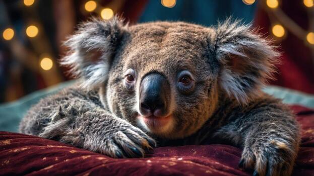 A close-up of a koala resting on a plush surface with soft lighting in the background. photo