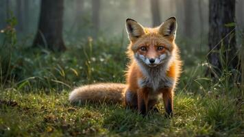 A fox stands in a misty forest, showcasing its vibrant fur and alert expression. photo