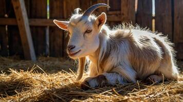 A goat resting on straw in a rustic barn setting, showcasing farm life. photo