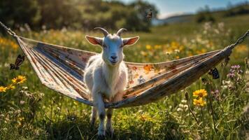 A goat relaxing in a floral hammock amidst a vibrant meadow filled with flowers and butterflies. photo
