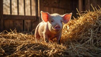 A cute piglet standing on straw in a barn, illuminated by warm sunlight. photo