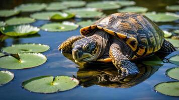 A turtle resting on lily pads in a serene pond, reflecting nature's tranquility. photo