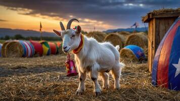 A goat stands in a field at sunset, adorned with a bell and surrounded by hay bales. photo