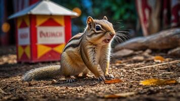 A chipmunk stands on the ground, seemingly vocalizing, with a colorful booth in the background. photo