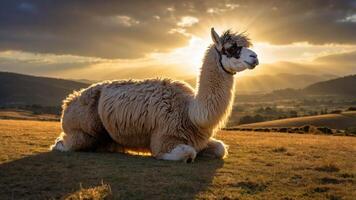 A fluffy llama resting in a sunlit landscape with mountains in the background. photo