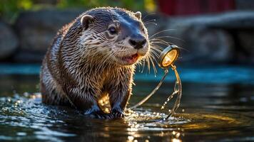 A playful otter holds a pocket watch while wading in water, showcasing its curious nature. photo