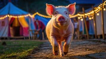 A cheerful pig running along a path near colorful tents adorned with lights. photo
