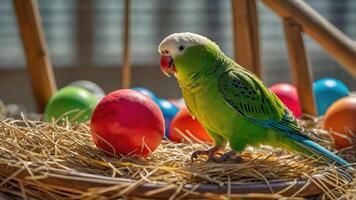 A vibrant green parakeet stands beside colorful eggs in a straw nest. photo