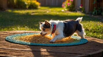 A small dog plays with noodles on a colorful mat in a sunny backyard. photo