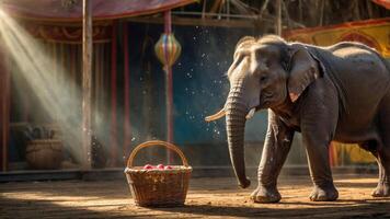 An elephant in a circus setting approaches a basket of apples, illuminated by soft light. photo